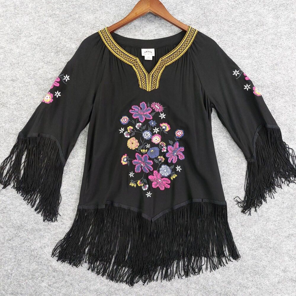 ARIAT Fringe Tunic Womens SP Black Embroidered Boho Chic Native American Cowgirl